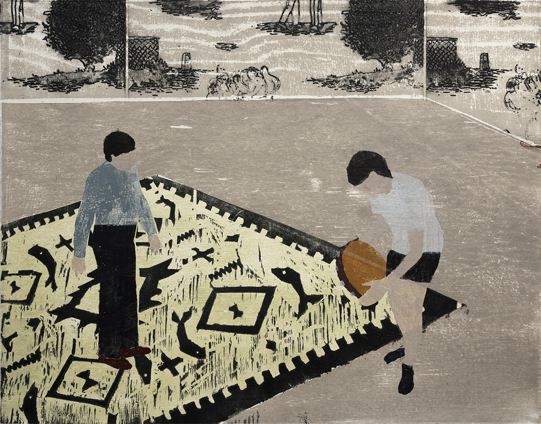 Tresnitt og fotopoymer. Mann og teppe